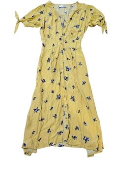 Faithfull The Brand Yellow Floral Midi Dress Size S US 4 Button Front Tie Sleeve